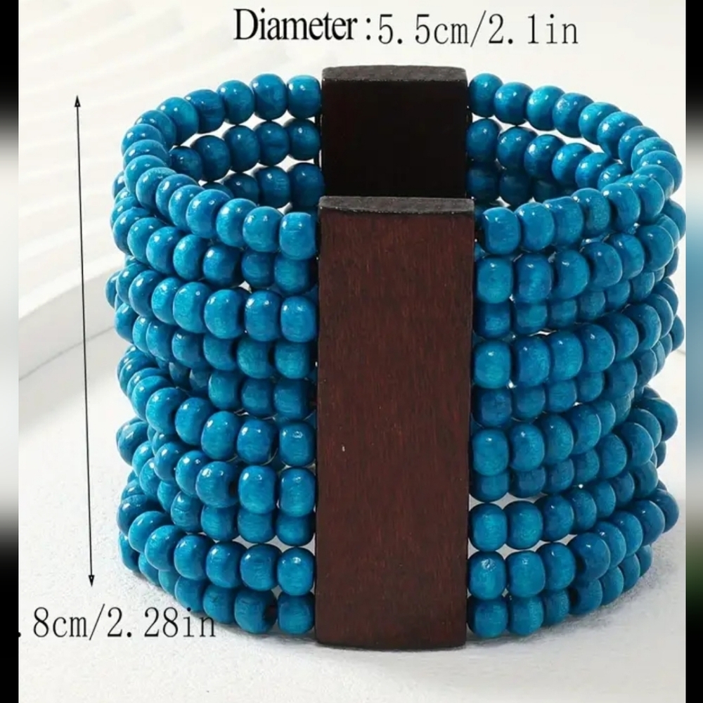 BOHO WOOD BEAD Turquoise color beads STREACHY BRACELET - Picture 2 of 6